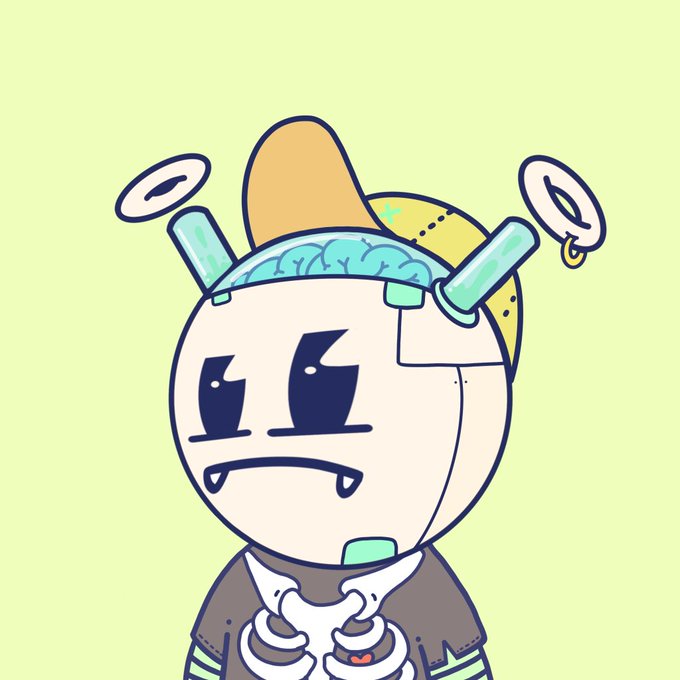A cute cartoon-style character with a round white head, grumpy expression with fangs, and a yellow and teal space-themed hat featuring floating ring decorations on a light green background.