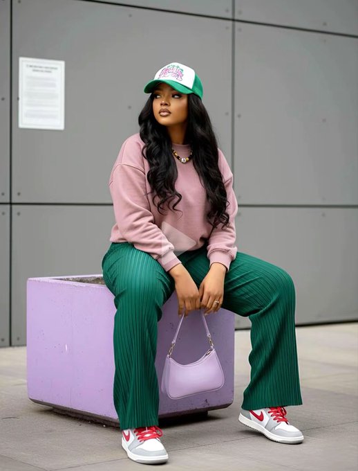 A young woman in a pink sweatshirt, green corduroy pants, white and red sneakers, and a green and white trucker hat sits on a purple concrete block holding a lavender handbag.