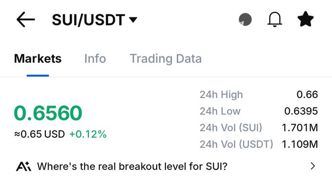 A cryptocurrency trading app displays the SUI/USDT pair at 0.6560 USD (+0.12%), with a 24h high of 0.66 and 24h low of 0.6395.