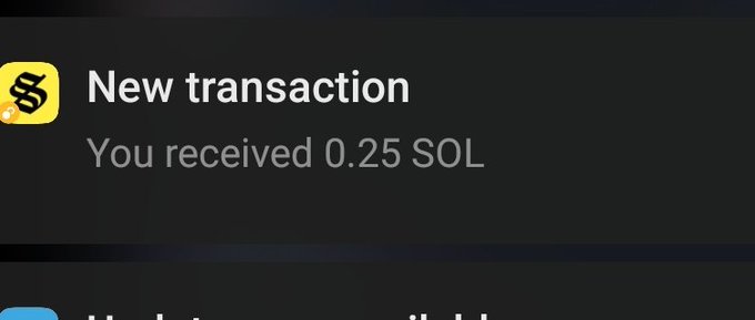 A mobile notification from Phantom wallet stating "New transaction - You received 0.25 SOL" against a dark background.