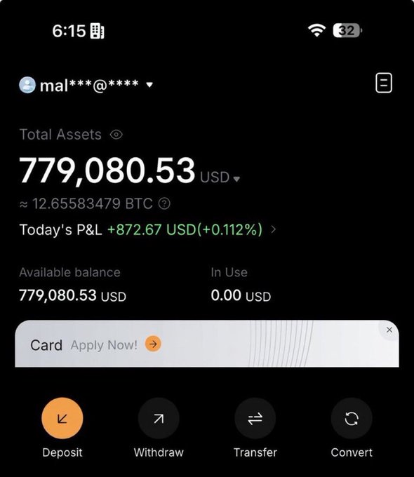A screenshot of a cryptocurrency exchange app displays a total asset balance of $779,080.53 USD (≈12.65 BTC) with today's P&L showing a gain of +$872.67 (+0.112%). The image serves as visual proof of a substantial crypto portfolio, aligning with the post's claim of winning 80 with a $SOL wallet, suggesting the user made significant returns on their investment.