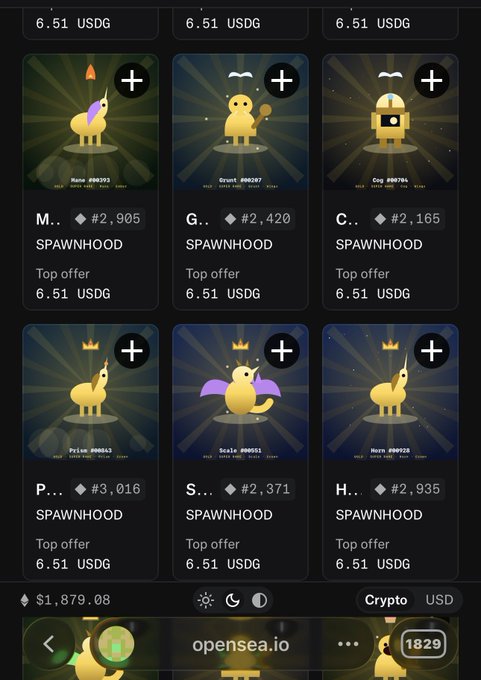 A mobile screenshot from OpenSea displaying a grid of six SPAWNHOOD NFT items priced at 6.51 USDG, featuring characters like "Mama," "Grunt," "Cog," "Prime," "Scale," and "Horn" with various attribute numbers.