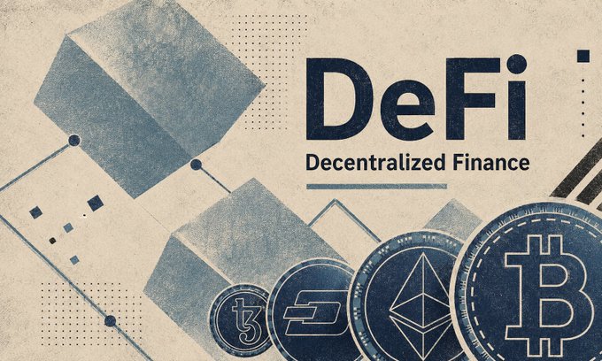 The image displays a stylized graphic titled "DeFi - Decentralized Finance" featuring cryptocurrency coins (Bitcoin, Ethereum, Dash, and Tezos) alongside geometric blockchain-like cube designs in a blue and beige color palette, visually reinforcing the article's alarming theme of DeFi suffering massive losses of $775 million in Q2 alone as part of a record-breaking $942 million stolen through 121 hacks in the first half of 2026.