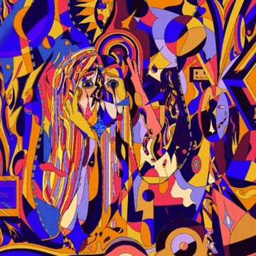 A vibrant, abstract pop-art style portrait featuring a blonde woman with stylized, melting facial features surrounded by geometric shapes in bold hues of purple, orange, and red. The colorful 1/1 artwork is being offered for $18 to celebrate the artist's August birthday.