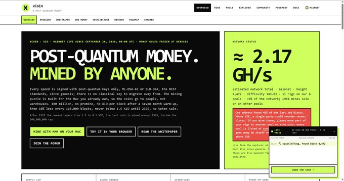A webpage for xCoin, a post-quantum money cryptocurrency, featuring text about mining with SHA-65 or SLW-DSA and a network status showing ≈ 2.17 GH/s.