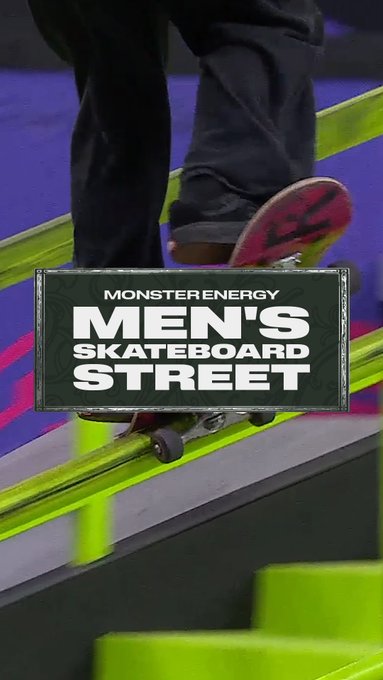 A skateboarder's legs and board are shown grinding a rail during the Monster Energy Men's Skateboard Street competition, with an overlaid title card displaying "MONSTER ENERGY MEN'S SKATEBOARD STREET." The graphic introduces Toa Sasaki's silver medal run for XC Tokyo at the MoonPay X Games League Championship in New Orleans.