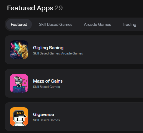 The image shows a screen with a list of four different apps, each featuring various game genres including skill-based games (gigling racing) and arcade games (arcade games). The app names are displayed at the top of the screen for easy access by users navigating through these gaming options. One of the apps is new, while the other two have been on the list for quite some time. The post indicates that Gigaverse has been in the top three favorites since it was first listed.