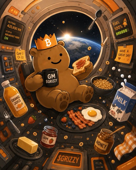 The image features a cartoon bear sitting at a breakfast table with various breakfast foods, including toast, eggs, milk, jam, honey, and orange juice. The bear has a coffee cup in its lap and a plate of food in front of it. A rocket is visible in the background, suggesting that the bear might be on an intergalactic adventure or mission. The post reads "GM $GRIZZY Fam Breakfast is served. The rocket is moving. The mission continues. And we're still floating toward bigger things." This message emphasizes the importance and excitement of the breakfast scene depicted in the image.