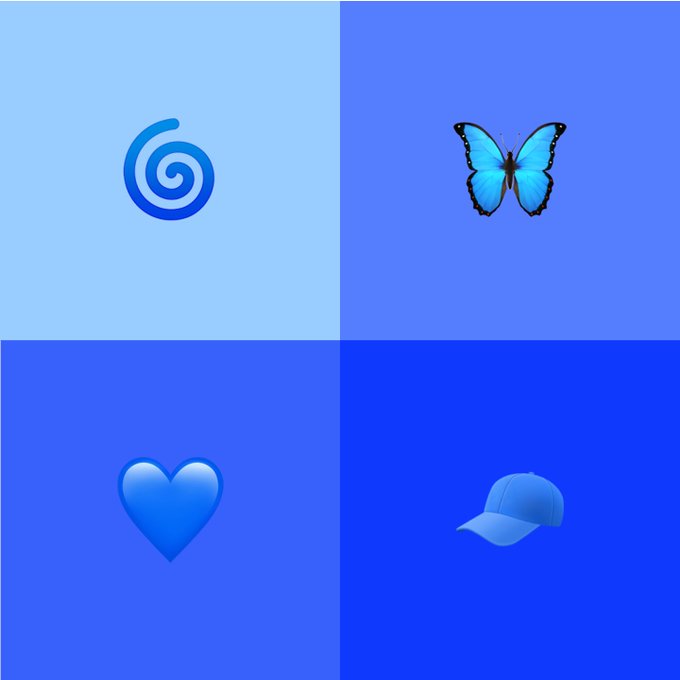 A 2x2 grid showing four emojis (spiral, butterfly, blue heart, and baseball cap) on varying shades of blue backgrounds, with the context suggesting users identify which shade matches the CoinMarketCap brand blue—the blue heart emoji best matches the medium blue tone.
