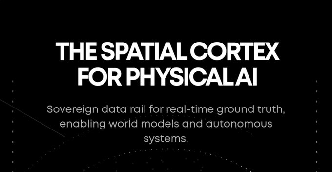 A black graphic with white text reading "THE SPATIAL CORTEX FOR PHYSICAL AI" and the subtitle "Sovereign data rail for real-time ground truth, enabling world models and autonomous systems."