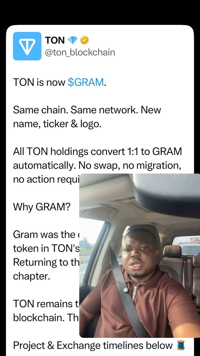 The image shows a man sitting inside a car, with his head resting against the windshield. The text on the image reads "Why GRAM? Project & Exchange timelines below". This message seems to be related to the post about the $GRAM token that was shared by the user.