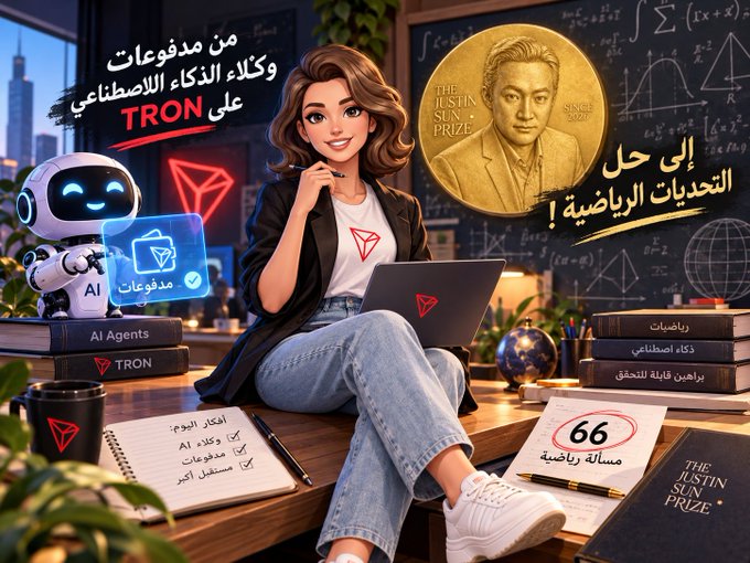 A cartoon-style illustration featuring a woman with a TRON-branded laptop alongside a robot labeled 'AI', with Arabic text promoting AI agents and TRON, and a coin featuring 'THE JUSTIN SUN PRIZE'.
