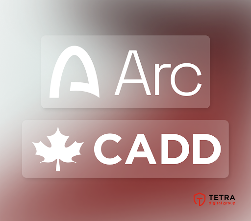 The image displays two stylized digital banners against a red gradient background: the top banner features the "Arc" logo with an arch-like icon, and the bottom banner showcases "CADD" with a maple leaf symbol, representing the Canadian stablecoin. In the bottom right corner, the Tetra Digital Group logo appears, visually reinforcing the announcement that Tetra has partnered with Circle to bring CADD onto the Arc network.