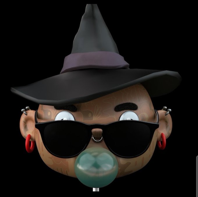 A 3D rendered character with a pumpkin-like head, wearing a black witch's hat, black sunglasses, and red hoop earrings, blowing a green bubble gum bubble against a black background.