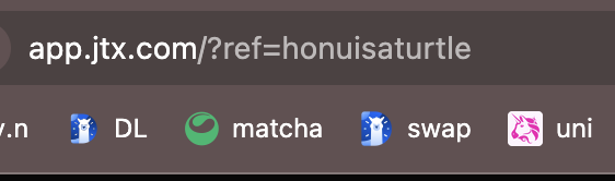 A close-up of a URL bar showing 'app.jtx.com/?ref=honuisaturtle' along with navigation tabs for 'DL', 'matcha', 'swap', and 'uni'.