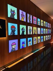 A hallway display featuring a wall-mounted collection of framed digital pixel-art portraits of various characters, including some resembling CryptoPunk designs, set against a dark wooden background.