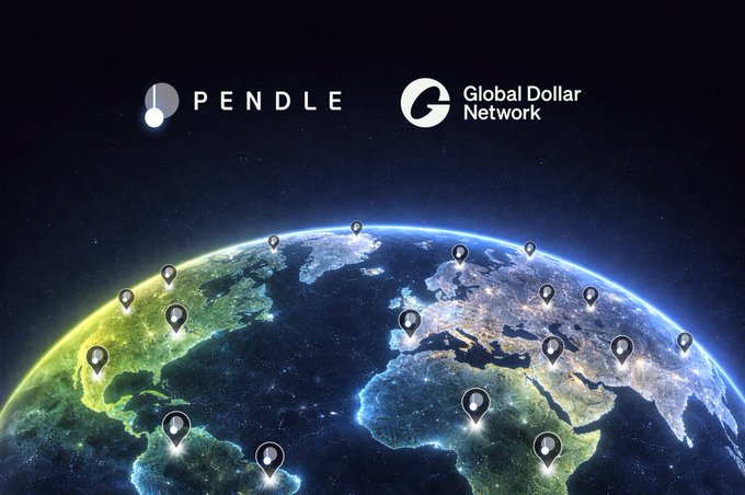 A promotional graphic for PENDLE and Global Dollar Network showing the Earth from space with location pins scattered across continents, indicating global reach.