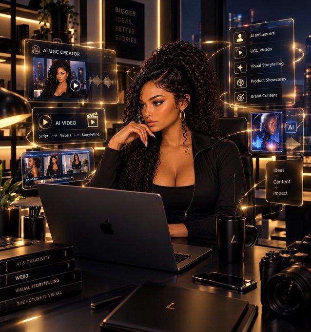 The image shows a woman with curly hair at a sleek desk with a MacBook, surrounded by holographic AI interface panels displaying "AI UGC Creator," "AI Video," "AI Influencers," "UGC Videos," "Visual Storytelling," "Product Showcases," and "Brand Content," alongside books titled "AI & CREATIVITY" and "THE FUTURE IS VISUAL" beneath a "BIGGER IDEAS, BETTER STORIES" sign.

The futuristic scene visually reinforces the post's message that AI is evolving beyond simple branding tools into a comprehensive creative ecosystem for research, content building, and strategic prediction.