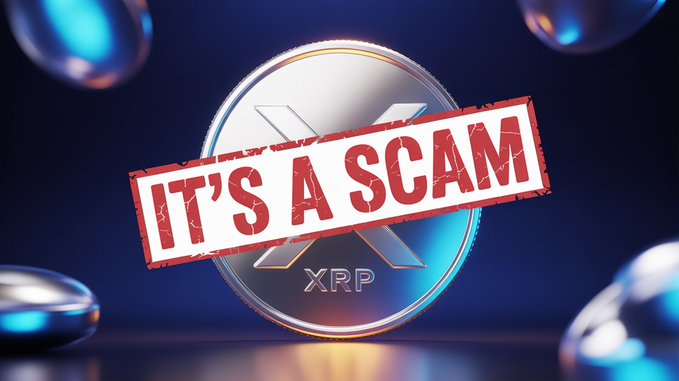 A metallic XRP cryptocurrency coin is displayed against a dark blue background with blurred orb lights, overlaid with a red stamp reading "IT'S A SCAM" — designed to visually support the clickbait claim that Ripple's head called XRP a scam, though the image is misleading since XRP and Ripple are distinct entities.
