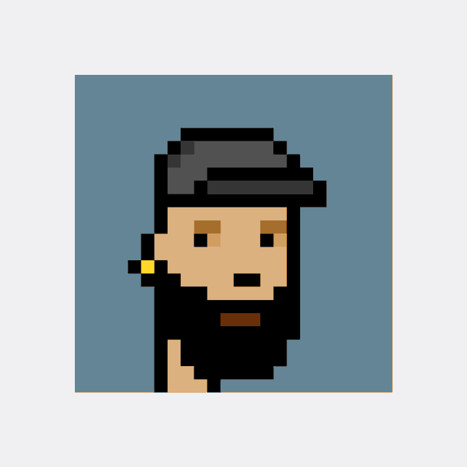 A simple pixel-art style illustration of a bearded man with gray hair wearing a black shirt and an earring, set against a blue background.