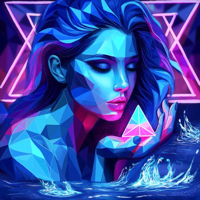 A digital illustration of a woman with closed eyes rendered in a geometric, low-poly style with blue and purple tones, holding a glowing triangular prism above water.