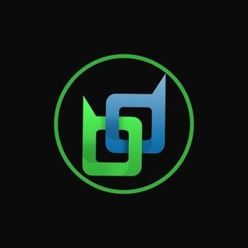 A logo on a black background featuring two interlocking square/bracket shapes in green and blue colors arranged in a circular pattern with a green circular border, representing some brand or technology company.
