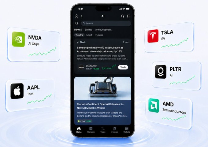 A promotional image for a stock trading app showing a smartphone displaying AI-related news about Samsung and chip prices, surrounded by floating cards for stocks NVDA (AI Chips), AAPL (Tech), TSLA (EV), PLTR (AI), and AMD (Semiconductors).