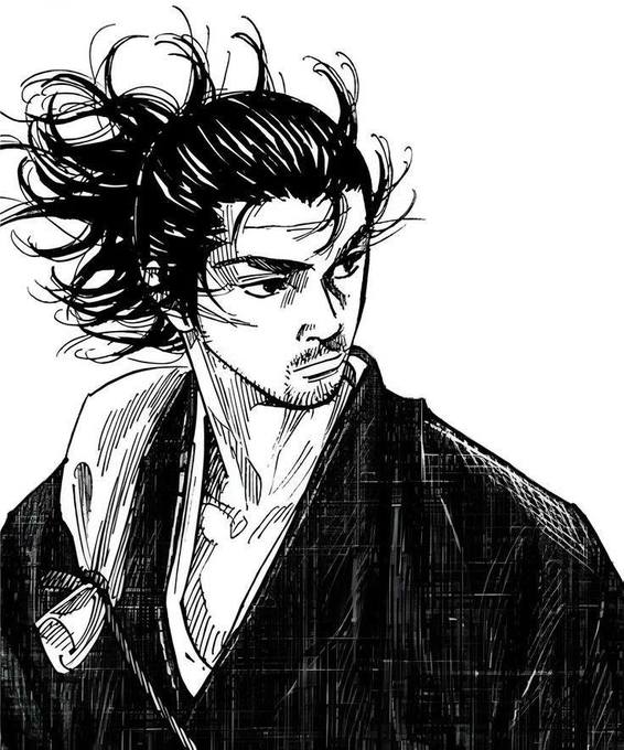 Black and white manga-style ink drawing of a man with wild tied-up hair, a goatee, and an intense expression, wearing a dark kimono.