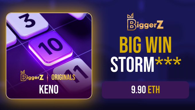 The image showcases a promotional graphic for BiggerZ Originals' Keno game, featuring purple number tiles including a highlighted "10," alongside text announcing a "BIG WIN STORM***" of 9.90 ETH—directly visualizing the impressive crypto gambling win described in the caption.