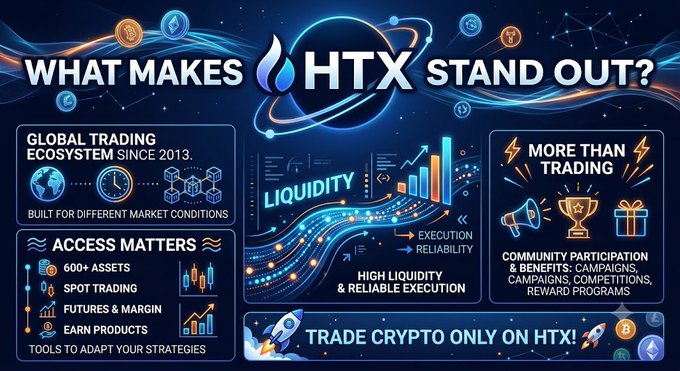 A promotional infographic for HTX cryptocurrency exchange titled 'WHAT MAKES HTX STAND OUT?' highlighting features like global trading since 2013, liquidity, 600+ assets, and community participation, with the tagline 'TRADE CRYPTO ONLY ON HTX!'.