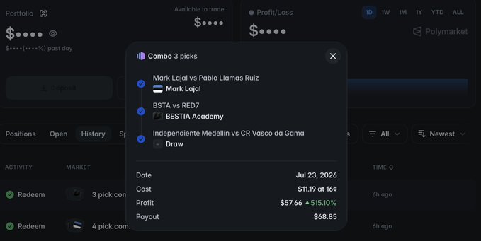 A Polymarket "Combo 3 picks" slip is displayed showing a +541.10% profit, with selections on "Mark Lajal vs Pablo Llamas Ruiz" (Mark Lajal), "BSTA vs RED7" (BESTIA Academy), and "Independiente Medellin vs CR Vasco da Gama" (Draw), costing $11.19 on a $68.85 payout for Jul 23, 2026. This visual corresponds to the poster's claim of achieving a +541% combo that earned them a spot in the Daily Combo Cup Top 100 on Polymarket.