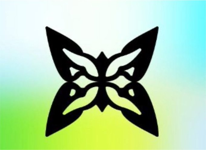 A stylized black butterfly or moth-like emblem with symmetrical tribal patterns is centered on a gradient background transitioning from light blue to green.