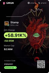 A screenshot of a cryptocurrency tracking app showing 'GHGN' token with the ticker name 'Stamp' (Ethi...sec), a 24h change of +58.91K%, a market cap of $2.96M, and a pumpfun logo.