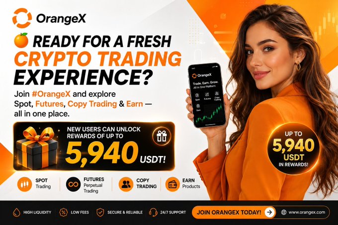 An advertisement for OrangeX crypto trading platform featuring a woman in an orange blazer, promoting spot, futures, and copy trading with up to 5,940 USDT in rewards.