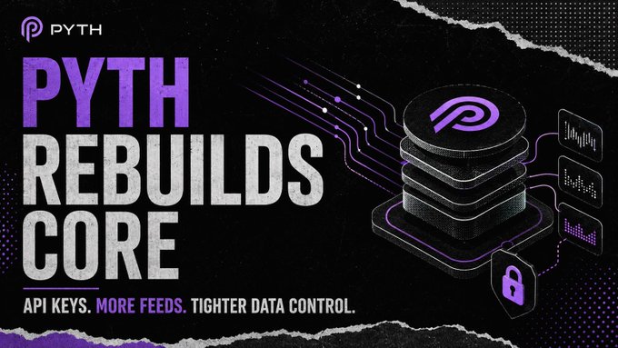 A promotional graphic for Pyth Network reading 'PYTH REBUILDS CORE' with the tagline 'API KEYS. MORE FEEDS. TIGHTER DATA CONTROL.' featuring their purple P logo.