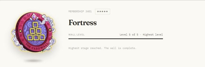 Digital badge titled 'Fortress' showing Membership 3401 and indicating Level 5 of 5, the highest level, labeled 'THE CARDWALL'.