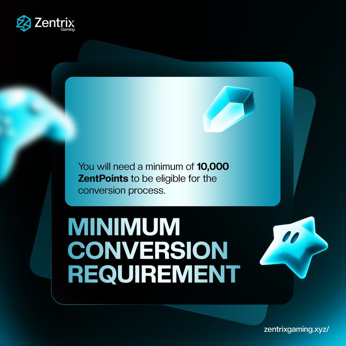 A promotional graphic for Zentrix Gaming stating 'MINIMUM CONVERSION REQUIREMENT,' explaining 'You will need a minimum of 10,000 ZentPoints to be eligible for the conversion process,' and directing viewers to zentrixgaming.xyz.
