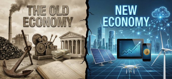 A split image contrasting 'THE OLD ECONOMY' (left side with sepia tones showing factory smokestacks, gears, anchor, and classical architecture) versus 'NEW ECONOMY' (right side with blue tones showing solar panels, modern skyscrapers, cloud computing, drone, and Bitcoin).