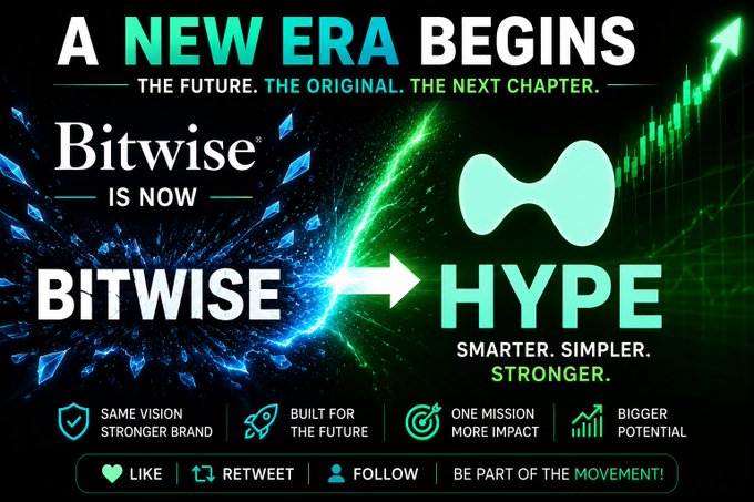 The image depicts an infographic or poster featuring icons related to Bitwise, an e-wallet company, and their new era of hype. The text on the poster reads "A NEW ERA BITSWISE IS NOWBITWORSE" which indicates that a new era has begun for Bitwise's products, and it is now staked over 1 million dollars in Hyperliquid ETFs as a sign of yield. The visuals show a green and blue color scheme with icons representing the e-wallet company and their offerings, creating an aesthetically pleasing and informative visual representation of this transition.
