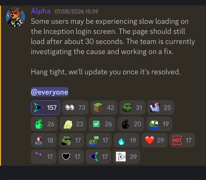 A Discord message from user 'Alpha' dated 07/08/2026 15:59, notifying users of slow loading on the Inception login screen, with a row of reaction emojis showing engagement (including 157 from a custom emoji, 73 binoculars, 42 grass block, and others).