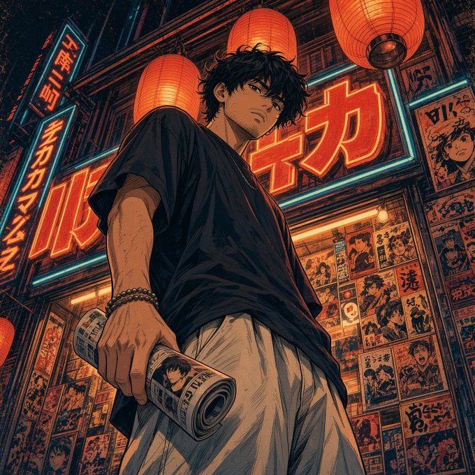 An anime-style illustration of a young man with messy black hair in a dark shirt, holding a rolled magazine or paper in a neon-lit street setting with red lanterns and Japanese signage.