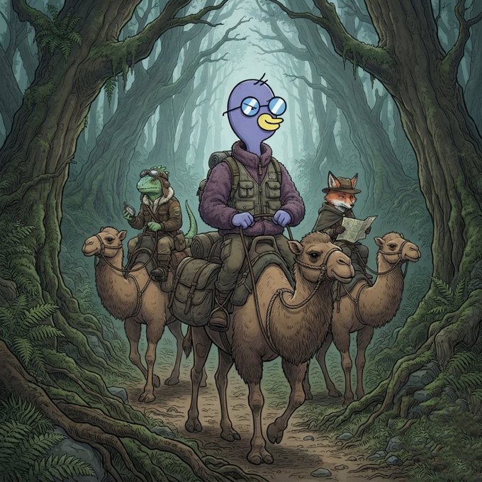 A fantasy illustration depicts anthropomorphic animals including a duck, lizard, and fox wearing tactical gear and riding camels through a dark forest.