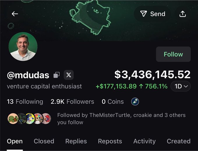 The image shows the profile of @mdudas, a "venture capitalist enthusiast" with a portfolio value of $3,436,145.52, up $177,153.89 (756.1%) in the past day. The accompanying post references his $3.5M daily gain while mocking his inability to actually sell and realize those profits, a common joke about illiquid crypto/social token holdings on platforms like Robinhood.