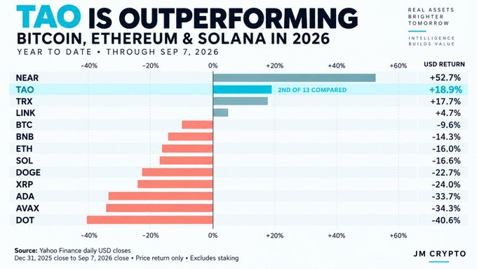 A bar chart titled 'TAO IS OUTPERFORMING BITCOIN, ETHEREUM & SOLANA IN 2026' showing year-to-date USD returns through Sep 7, 2026, with NEAR (+52.7%), TAO (+18.9%), TRX (+17.7%) and LINK (+4.7%) as the top gainers, while DOT (-40.6%) and AVAX (-34.3%) are the biggest losers.