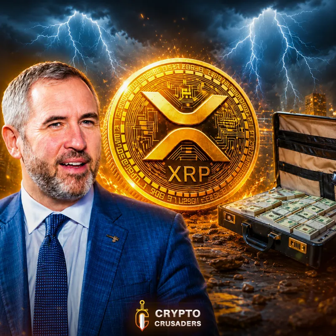 A promotional image for 'Crypto Crusaders' featuring a man in a suit, a glowing XRP cryptocurrency coin, and a briefcase full of cash against a stormy background.
