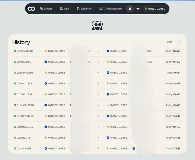 A transaction history interface on a crypto platform with navigation tabs for Bridge, Gas, Explorer, and Ambassadors, listing recent USDC transactions sent to wallet 0xB501...B952.