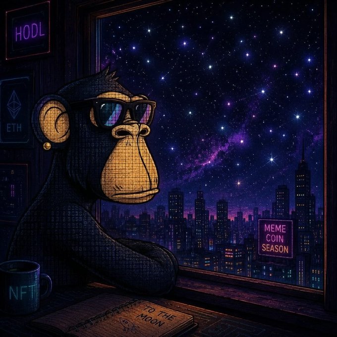 A digital illustration of a pixelated monkey wearing sunglasses looking out a window at a purple starry city skyline, with neon signs reading 'HODL', 'ETH', 'NFT', 'MEME COIN SEASON' and a notebook labeled 'TO THE MOON'.