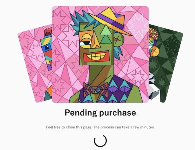 A "Pending purchase" confirmation screen from OpenSea displays colorful geometric NFT artwork titled "Pikkazo," indicating a transaction is processing—matching the post about sweeping these pieces using ETH on Ink Onchain.