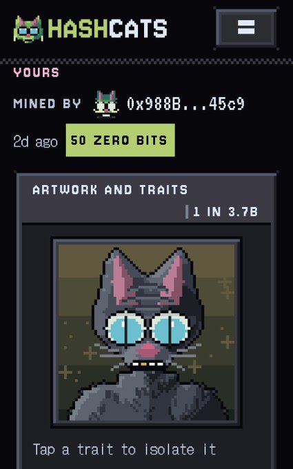 A screenshot of a HashCats NFT digital collectible showing a pixelated gray cat with blue eyes, mined by address 0x988B...45c9, with 50 zero bits and a rarity of 1 in 3.7B.