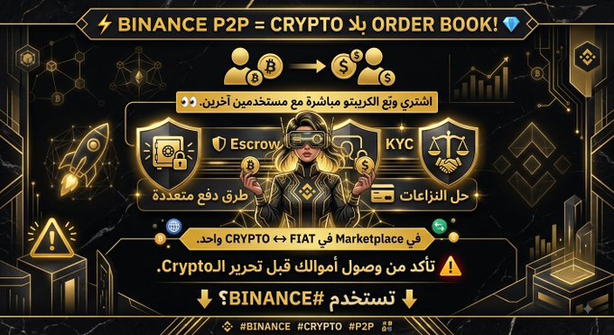 A stylized gold-and-black graphic featuring a masked figure holding coins illustrates a Binance P2P promotional post in Arabic, highlighting peer-to-peer crypto trading features like Escrow, KYC, multiple payment methods, and dispute resolution, with the hashtags #Binance, #Crypto, and #P2P.